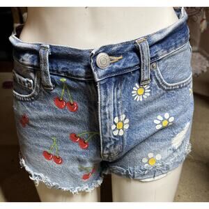 Aeropostale Shorts Vintage High Rise Shorty Size 0 Blue Denim Cherry Daisy Print